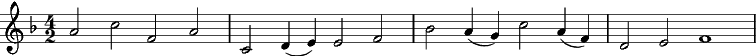 {\key f \major \time 4/2 a2 c f, a | c, d4( e) e2 f |bes a4( g) c2 a4( f) | d2 e f1 }